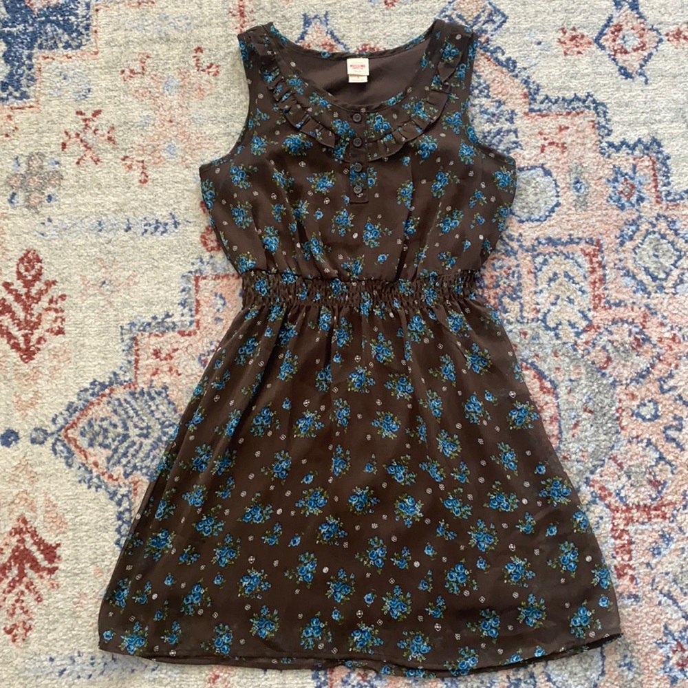Blue Brown Floral Dress with Ruffles
